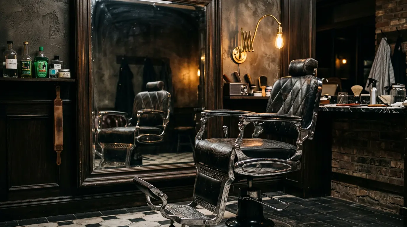 Fauteuil de barbier en cuir devant un miroir
