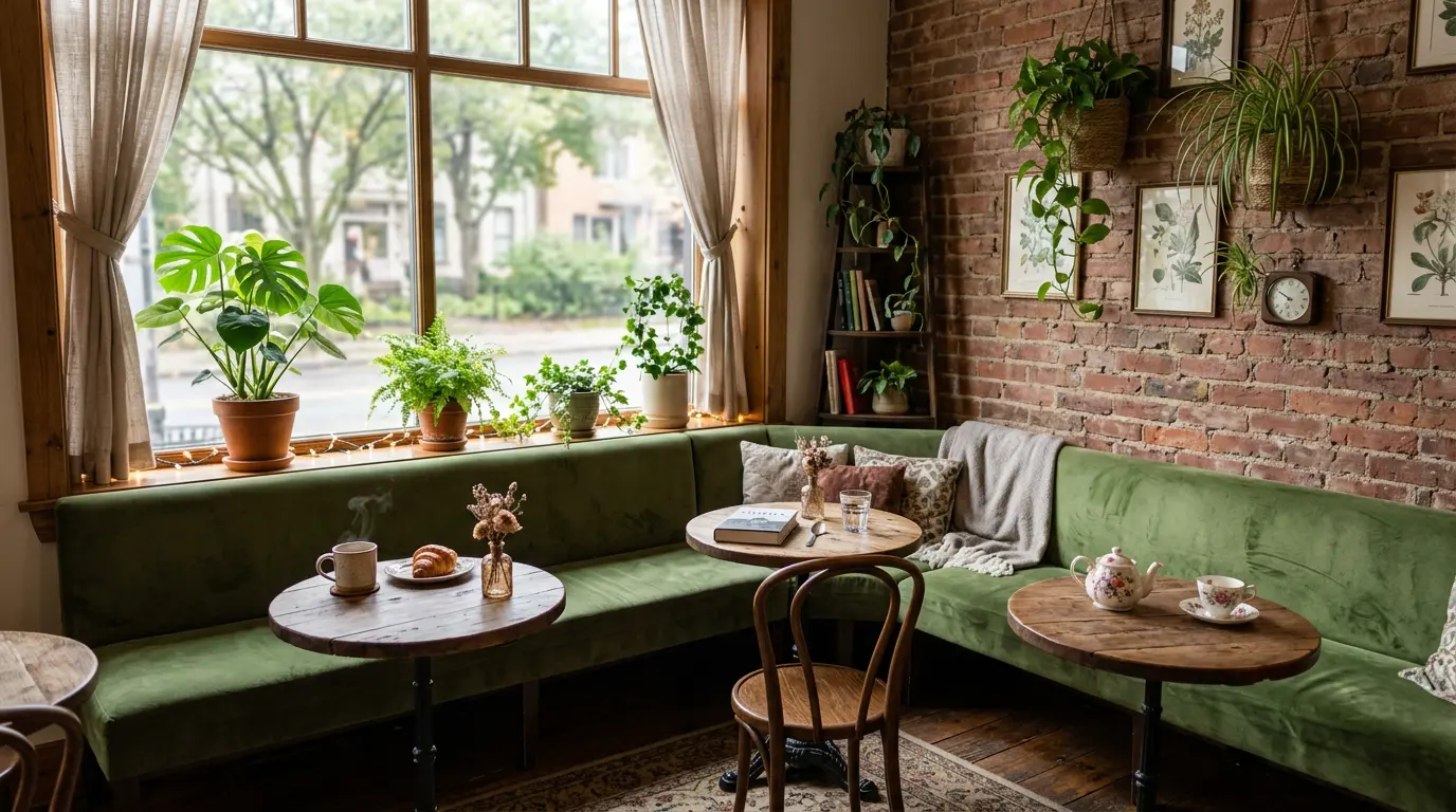 Salle du café avec tables en bois et grandes fenêtres