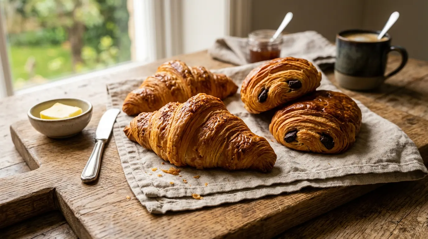 Croissants et pâtisseries sur un plateau en bois