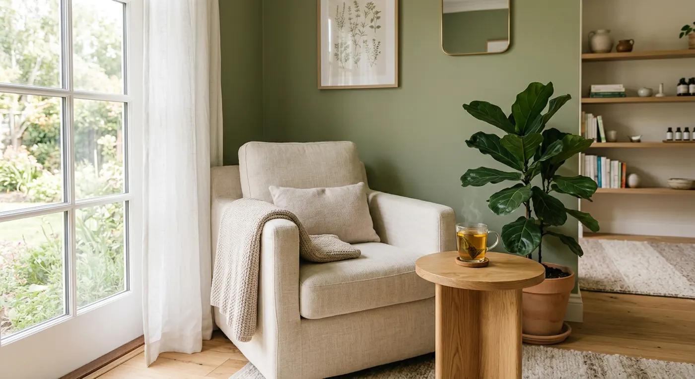 Coin d'accueil avec fauteuil en lin et tisane
