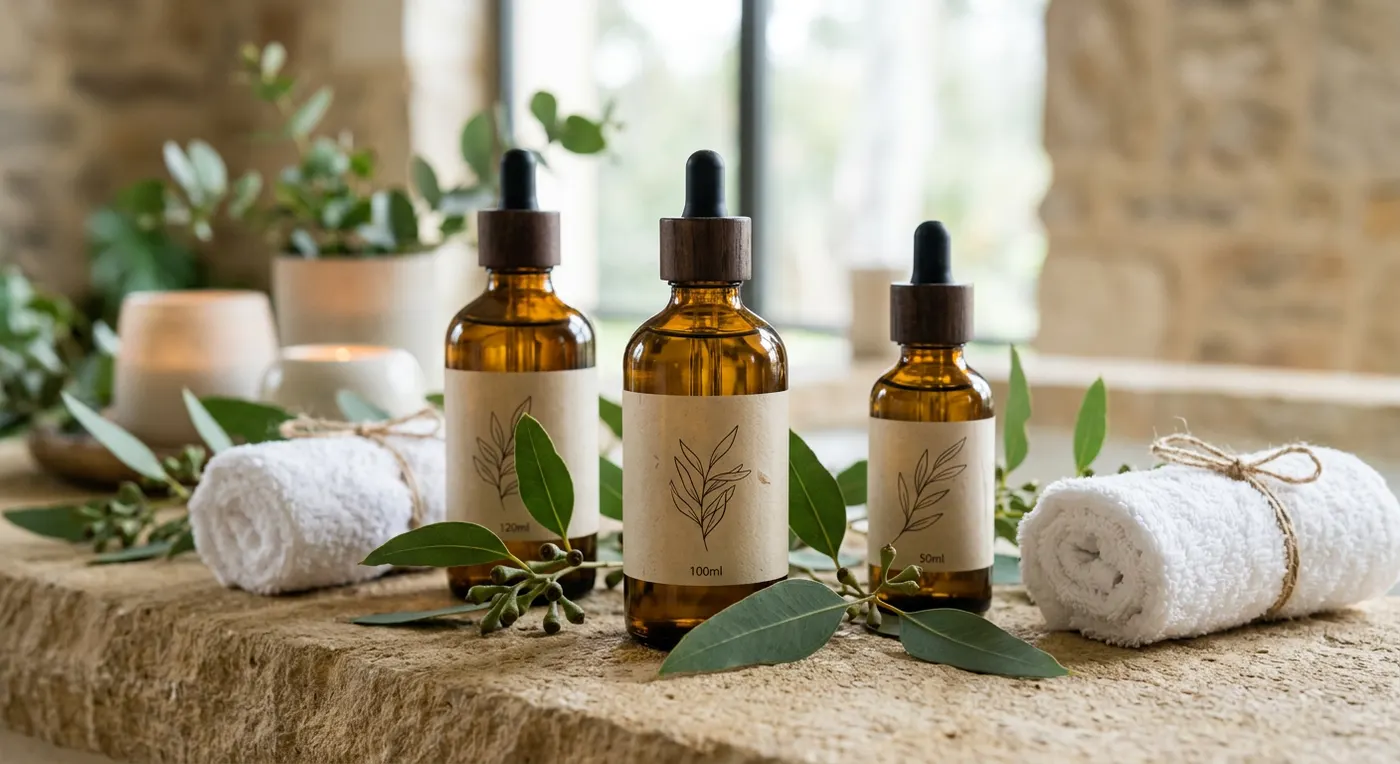 Flacons d'huile de massage en verre ambré et eucalyptus