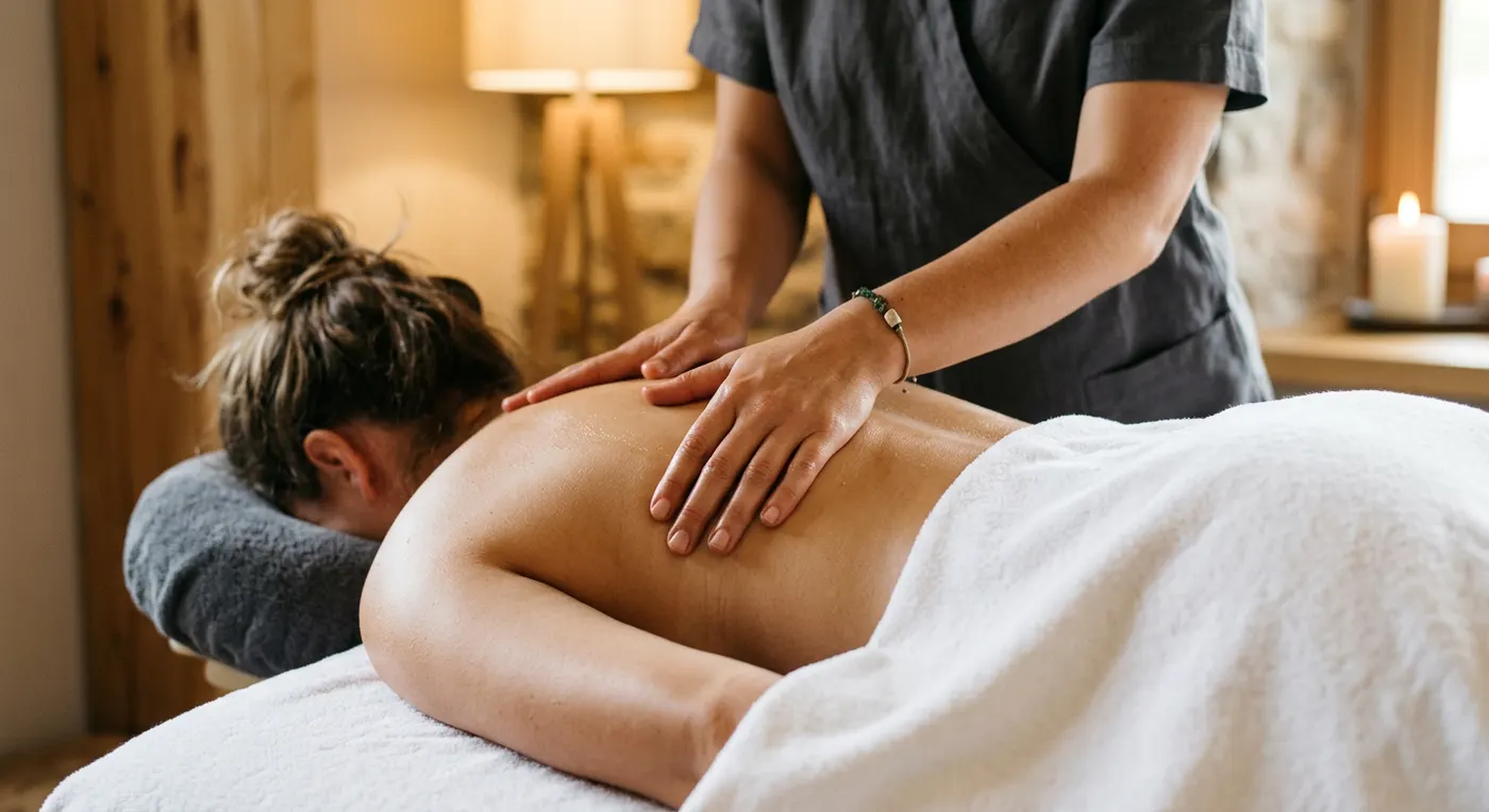 Mains de massothérapeute sur un dos, sans visage visible