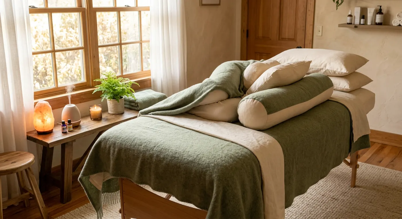 Table de massage avec coussins de soutien et couverture sauge