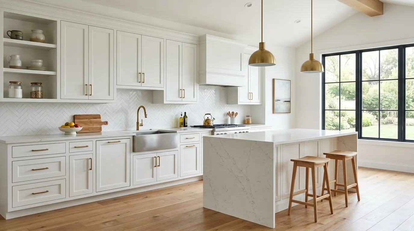 Cuisine rénovée avec îlot central et armoires sur mesure