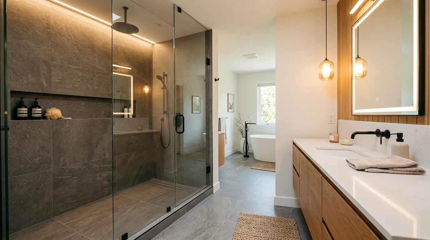 Salle de bain moderne avec douche vitrée et carrelage