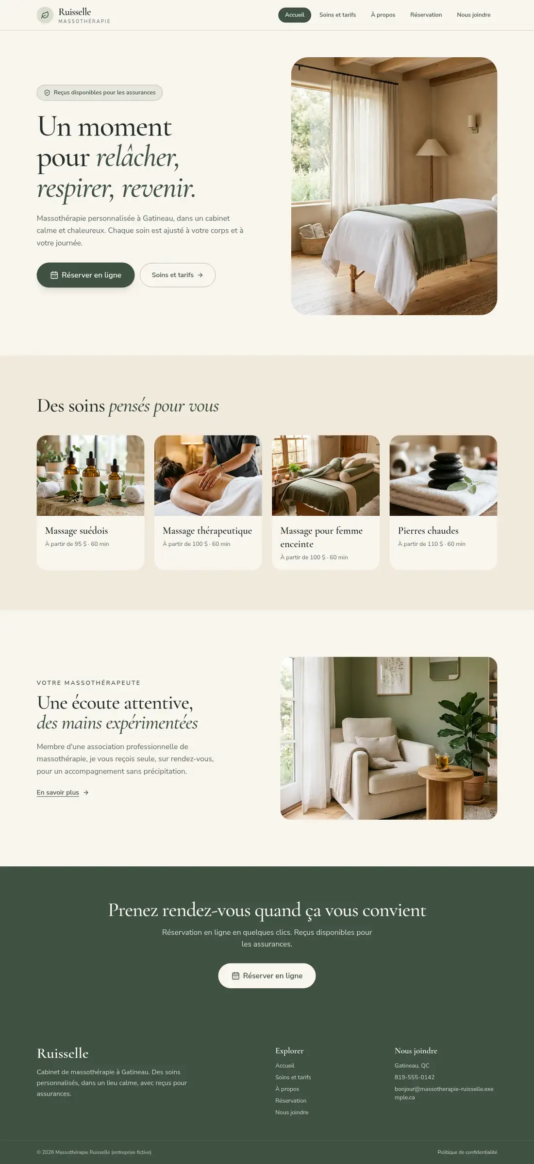 Page d'accueil complète de Massothérapie Ruisselle