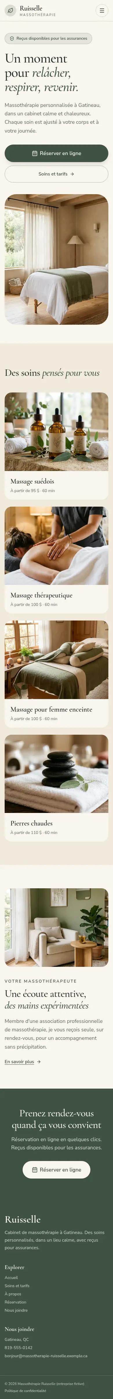 Page d'accueil complète de Massothérapie Ruisselle
